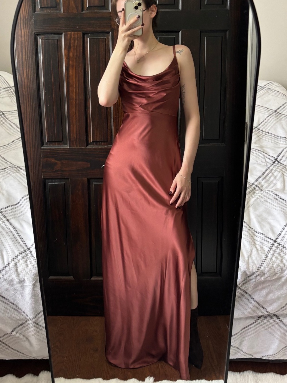 Revelry Women's Size 12 Rust Rose Satin Cowl Neck Maxi Dress Slit Formal Gown